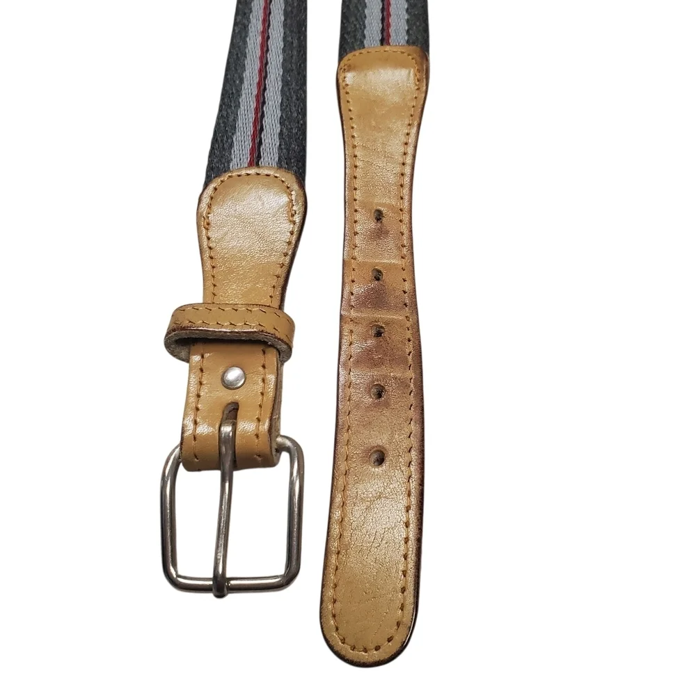 Canvas And Leather Belt. Gray, Red, & Tan. Silver Hardware. 40
